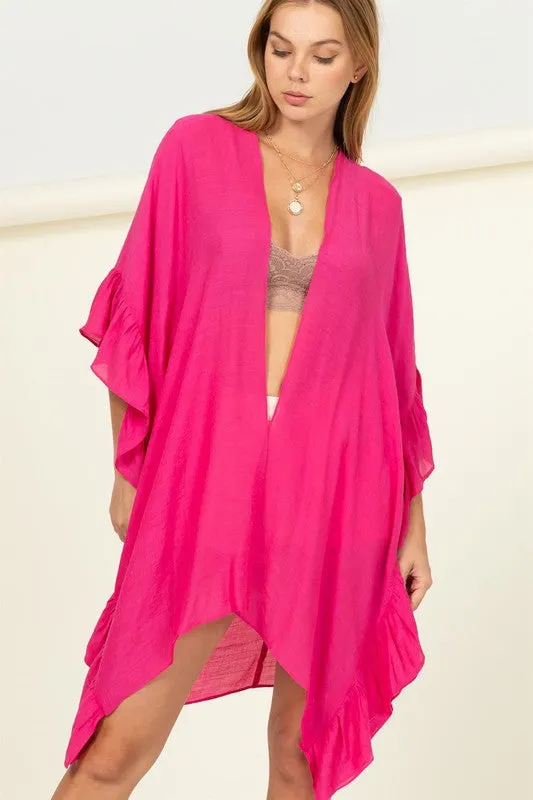 Alden Open Ruffle Sleeve Kimono - Fuchsia