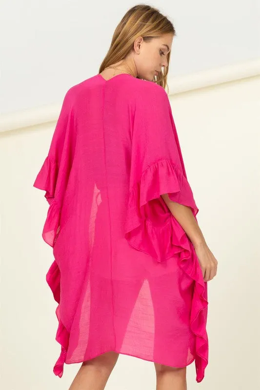 Alden Open Ruffle Sleeve Kimono - Fuchsia