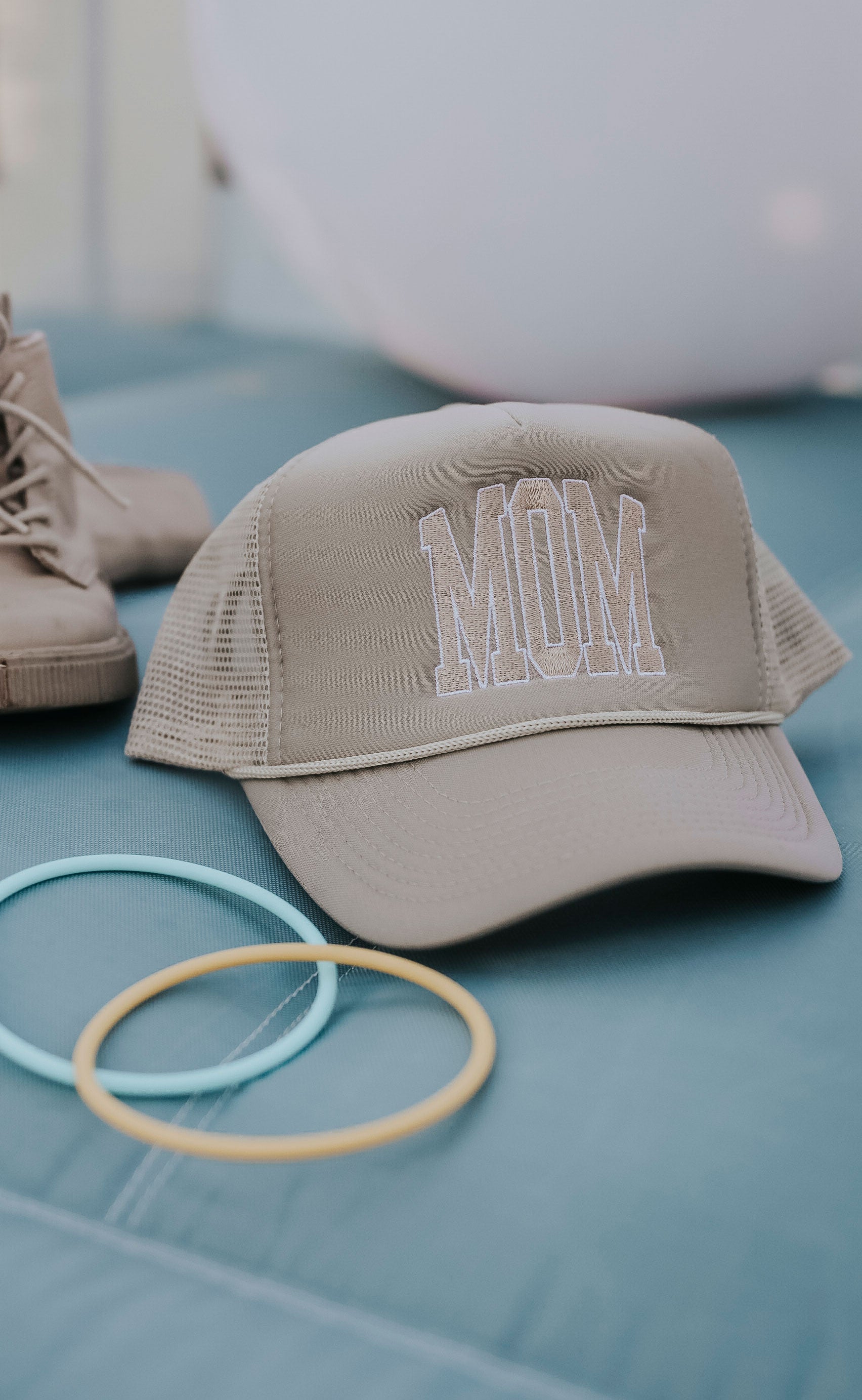 charlie southern: mom block tan trucker hat