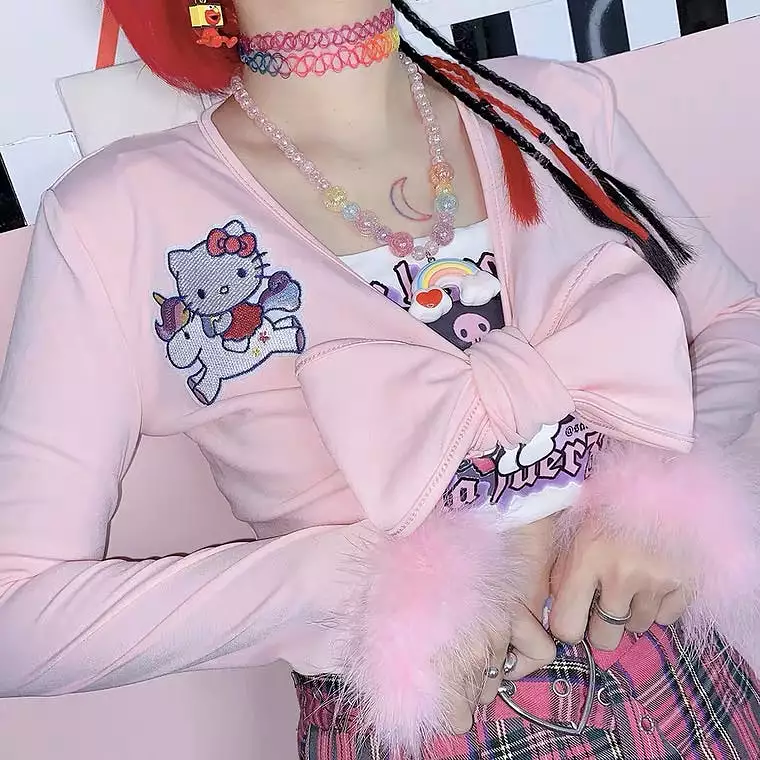 CUTE “HELLO KITTY”PASTEL PINK Y2K BOW SHIRT BY98777