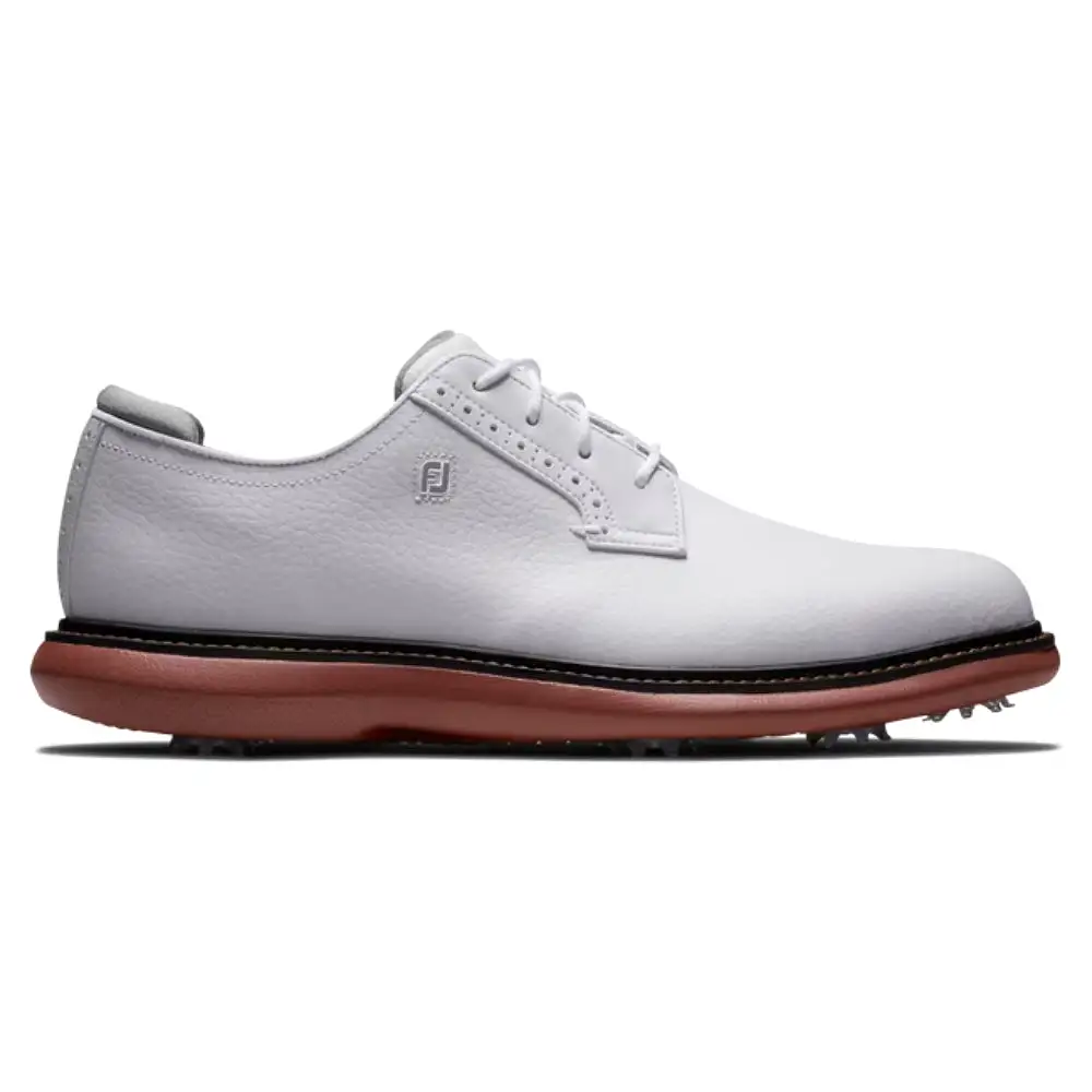 FootJoy Mens Traditions Blucher Cleated Golf Shoes - White/White/Brick