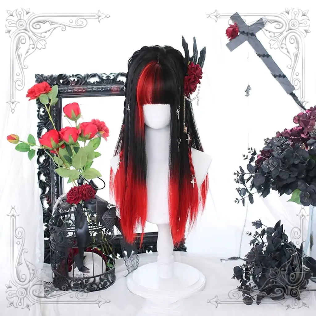 Lolita dark Y2K black red long straight wig BY7070