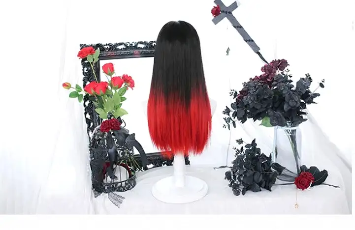 Lolita dark Y2K black red long straight wig BY7070