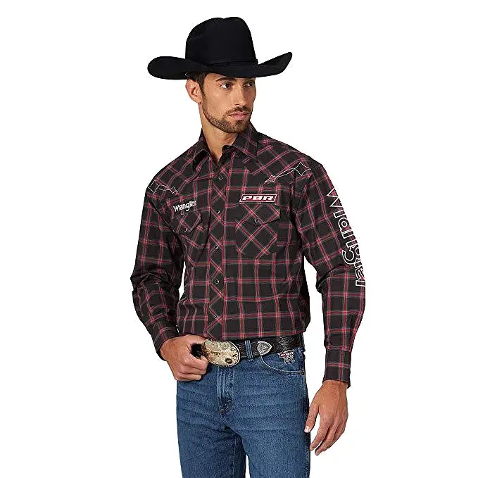 Men's Wrangler PBR Black & Red Plaid Long Sleeve Shirt