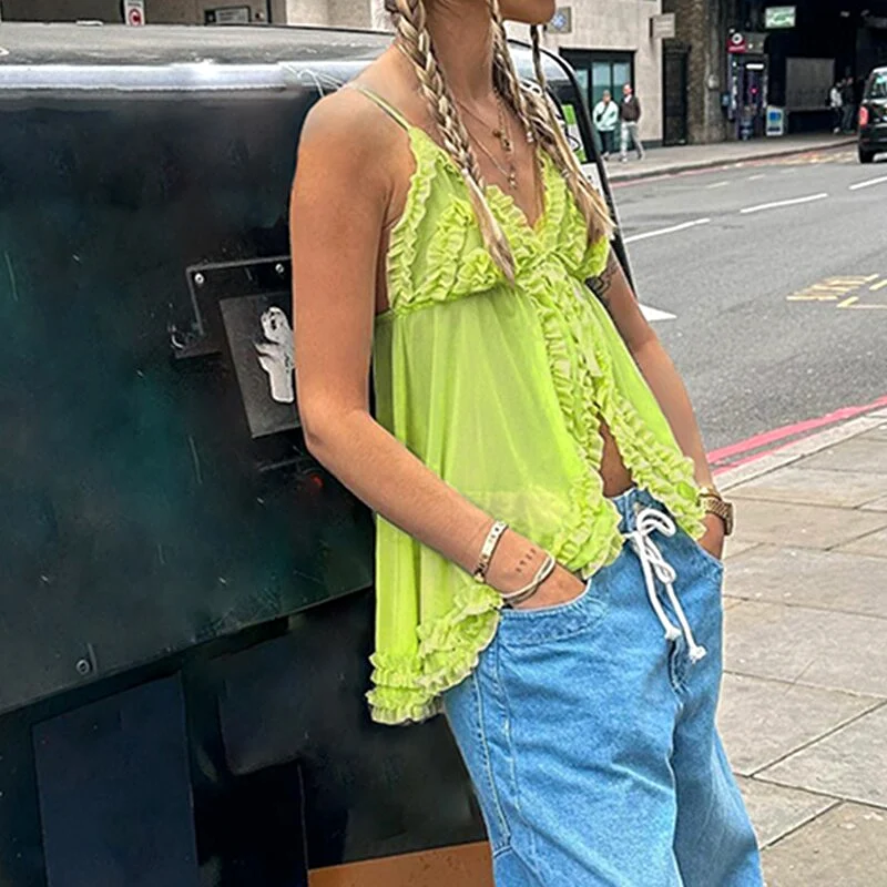 Ruched V Neck Tank Top Y2K Streetwear Mesh See Through Green Sexy Fashion Camisole Tops 2000s Aesthetic Vest Summer