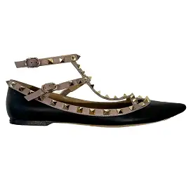 Valentino 780 Black & Nude Rockstud Ankle Strap Flats 40.5