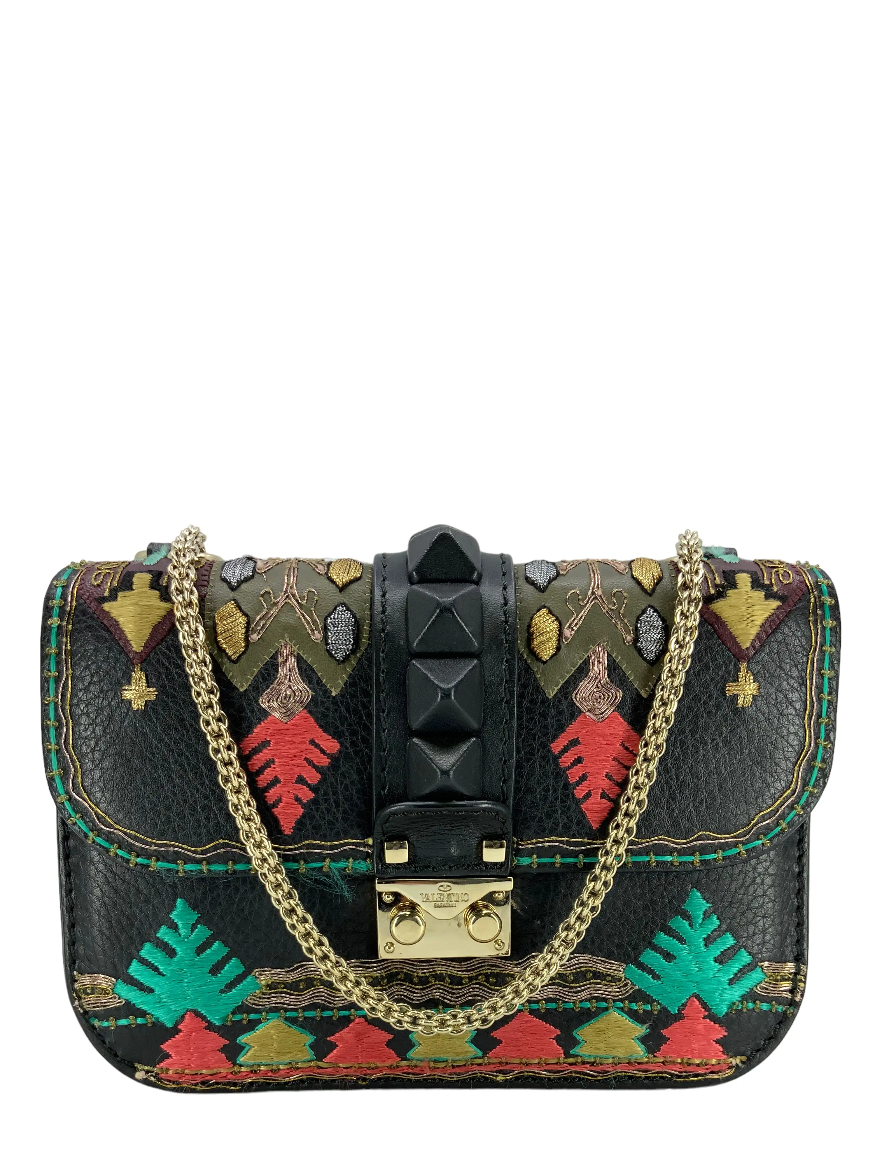 VALENTINO Glam Lock Embroidered Leather Small Flap Bag