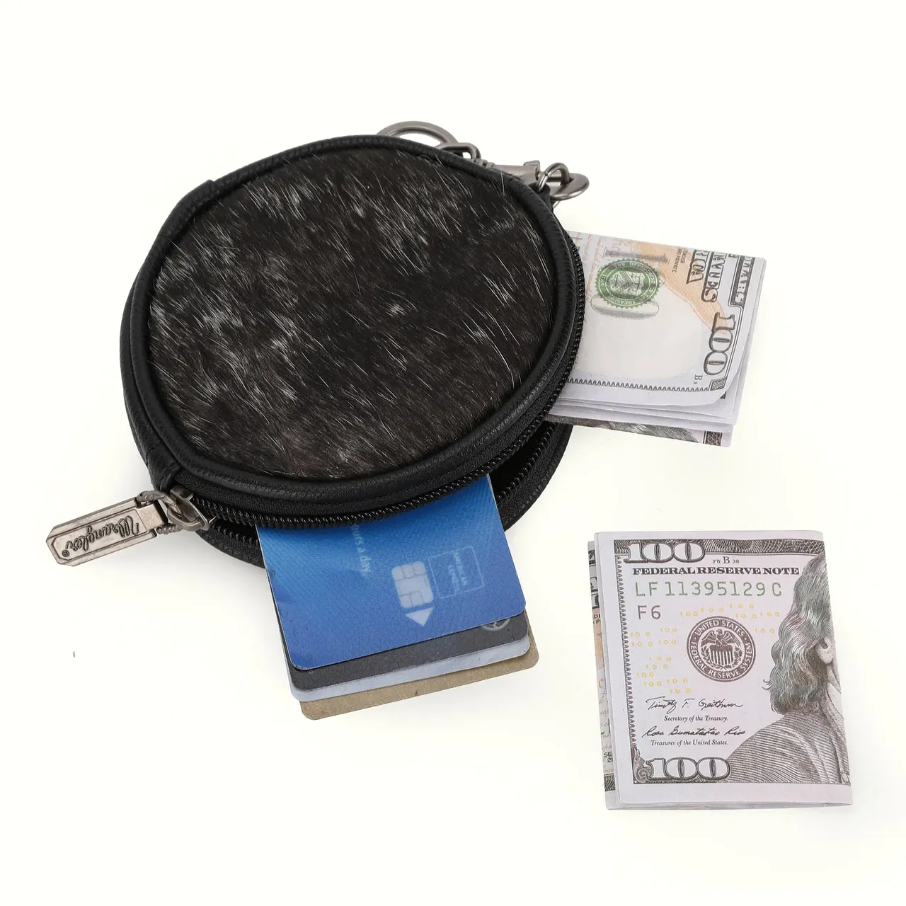 Wrangler Genuine Hair On Cowhide Circular Coin Pouch Bag Charm - Black